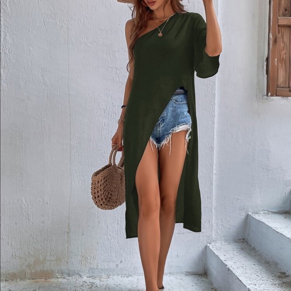 Boho Green Plain One Shoulder Asymmetrical Hem Blouse - Picture 4 of 13